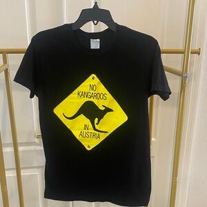 Black T-Shirt with Kangaroo Sign Graphic.